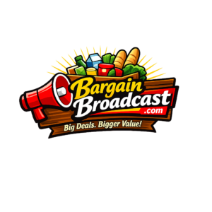 “BargainBroadcast full logo with modern shopping basket, megaphone, and the tagline Big Deals. Bigger Value.”