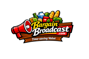 BargainBroadcast.com logo featuring a red megaphone, grocery basket, and tagline ‘Time‑Saving Value,’ representing curated weekly essentials and convenience.